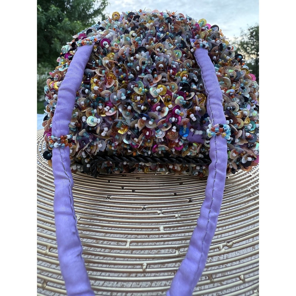 Kitschy Artsty Purple‎ Beaded Sequin Mini Handbag Multi Color Embellished Purse